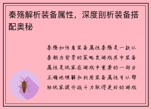 秦殇解析装备属性，深度剖析装备搭配奥秘